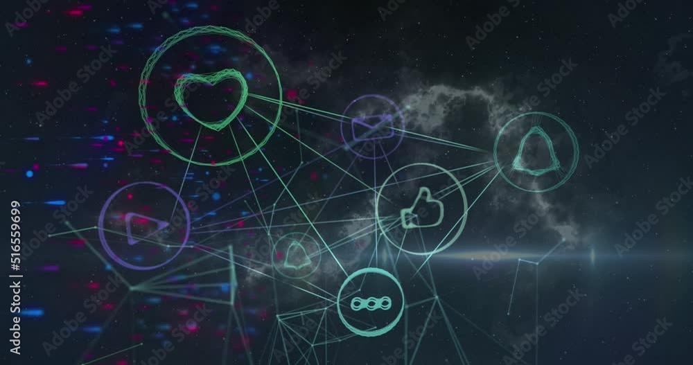 Animation of blue dots over connections with icons on black background Animation of blue dots over connections with icons on black background