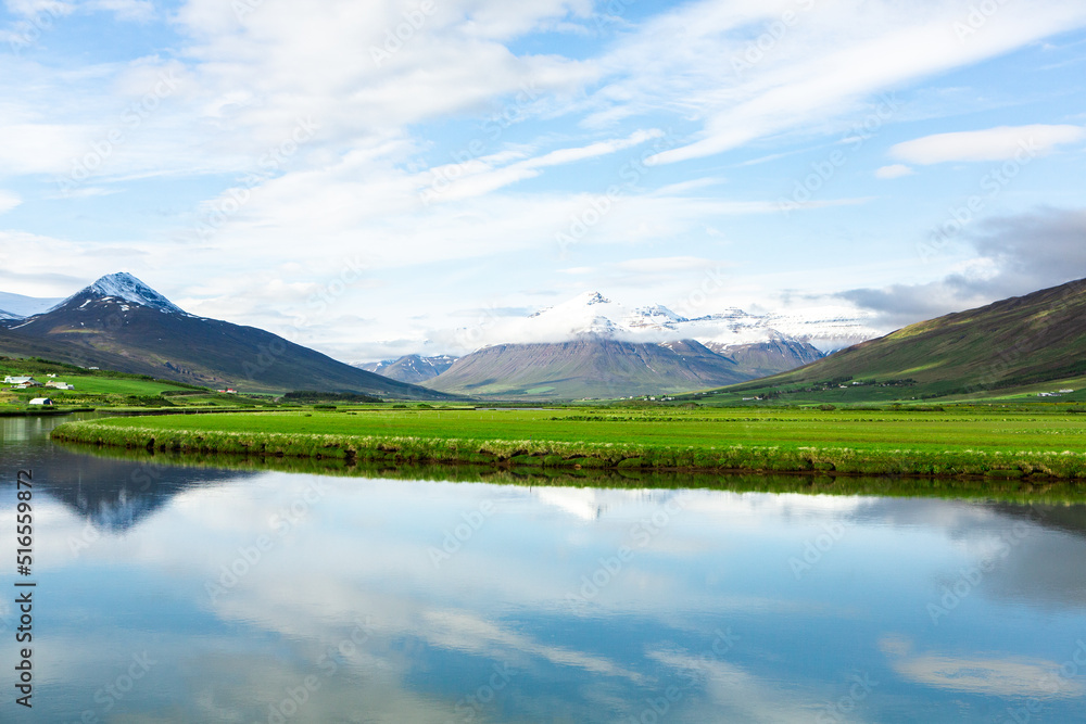Picturesque landscape with green nature in Iceland during summer. Image with a very quiet and innocent nature.
Picturesque landscape with green nature in Iceland during summer. Image with a very quiet and innocent nature.