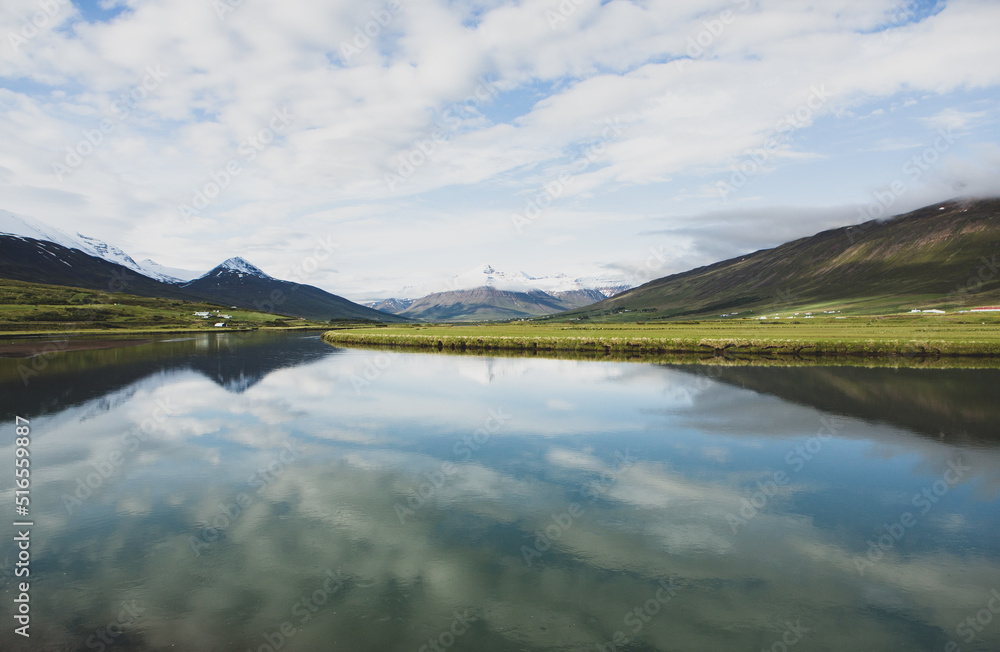 Picturesque landscape with green nature in Iceland during summer. Image with a very quiet and innocent nature.
