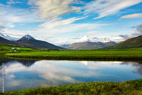 Picturesque landscape with green nature in Iceland during summer. Image with a very quiet and innocent nature. © romeof