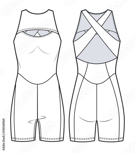 Woman's sports Bodysuit fashion flat technical drawing template. Cycling Bodysuit fashion cad mockup, front view, back view, white.