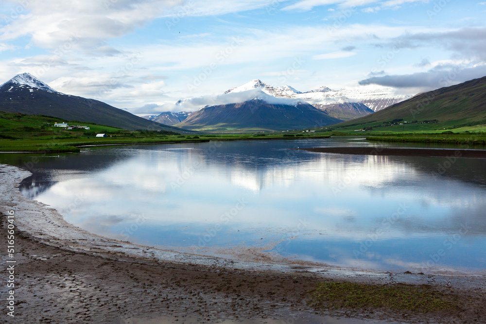 Picturesque landscape with green nature in Iceland during summer. Image with a very quiet and innocent nature.
