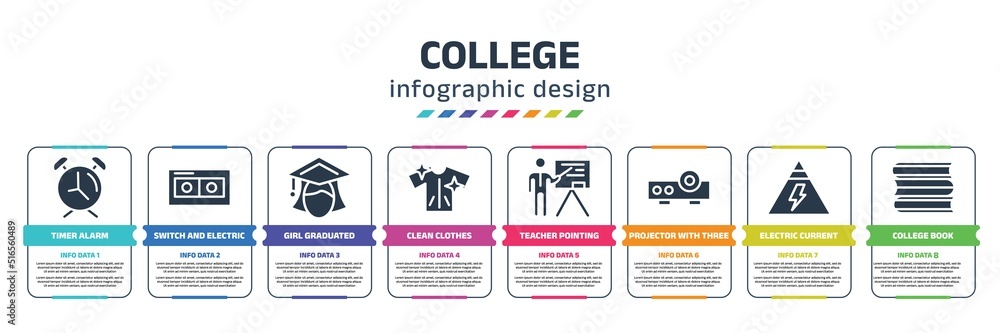 college infographic design template with timer alarm, switch and ...
