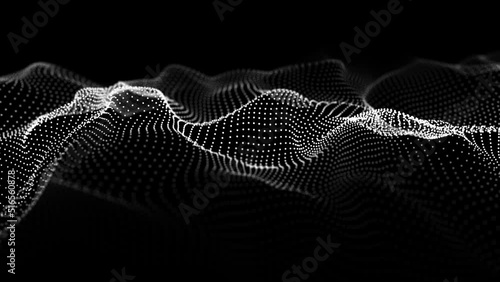 Wave of dots and lines. Gradient wavy background. Abstract cyber backdrop of points and lines. 3d rendering. 4K video. Seamless loop.