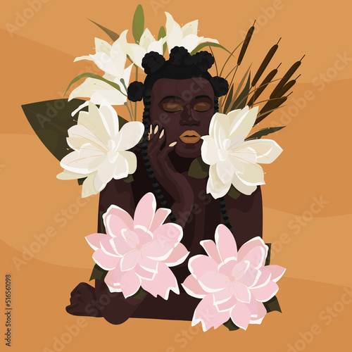 Illustration of a beautiful dark-skinned girl in flowers on an orange background