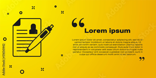Black Resume icon isolated on yellow background. CV application. Searching professional staff. Analyzing personnel resume. Vector