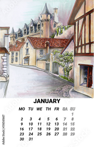 Calendar page for January 2023 with a watercolor illustration of a romantic French castle of the Loire River valley. Beautiful watercolor calendar with ancient Renaissance castles