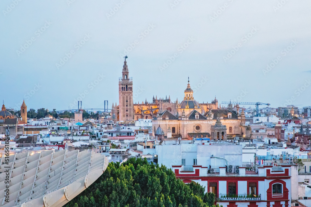 Obraz premium Seville view from Metropol Parasol. Setas de Sevilla best view of the city of Seville, Andalusia, Spain by night.