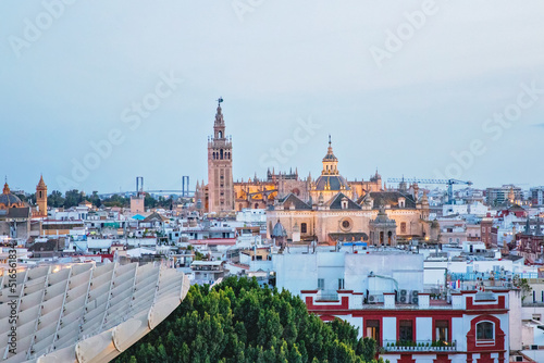 Seville view from Metropol Parasol. Setas de Sevilla best view of the city of Seville, Andalusia, Spain by night.
