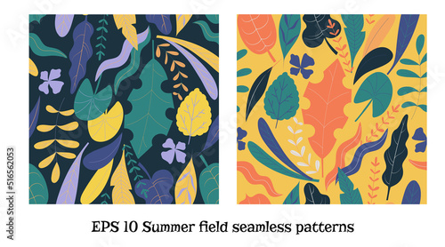 Two colorful hand drawn vector seamless patterns with tropical leaves in flat doodle style