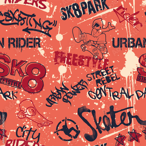 Urban skateboard rider with graffiti lettering  abstract vector seamless pattern