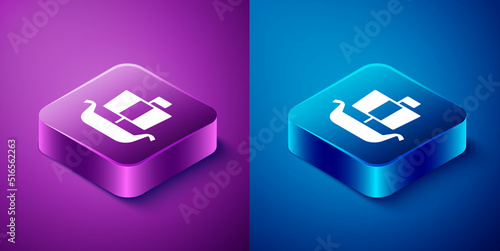 Isometric Ancient viking scandinavian drakkar icon isolated on blue and purple background. Viking transport ship. Square button. Vector
