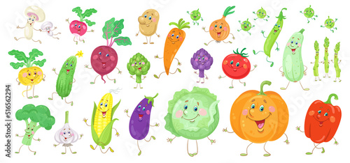 Big set of funny colorful vegetables. Characters in cartoon style. Isolated on white background. Vector flat illustration. 