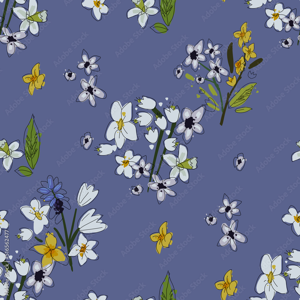 Seamless floral pattern. Vector ahand drawn flowers and leaves. Botanical sketchy illustration