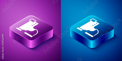 Isometric Winter warm boot icon isolated on blue and purple background. Waterproof rubber boot. Square button. Vector