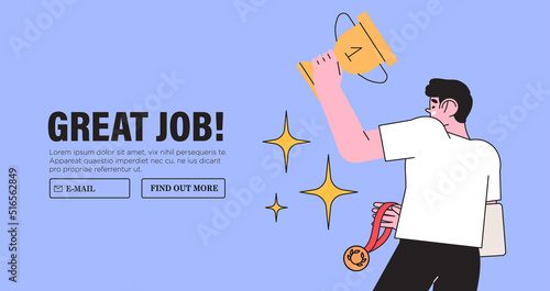 Employee with gold goblet or cup happy celebrate victory. Success and achievement in business or career concept. Man win first place in competition. Idea of leadership, victory, success. Great work
