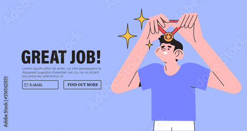 Man win fisrt place in competition. Idea of achievement, leadership, victory, success. Employee recognition and best worker hold golden medal. Success and achievement in business or career concept.