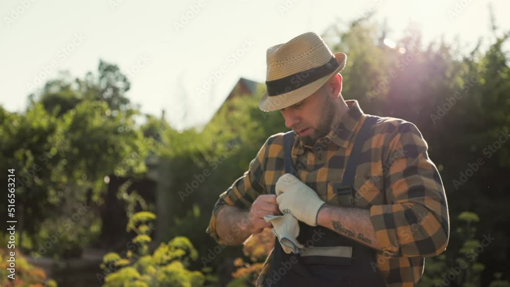 Portrait of a bearded worker in a straw hat fastens the straps on a overalls. Slow motion. In the background is a kitchen-garden in the sunlight. Concept of gardening and home working. Portrait of a bearded worker in a straw hat fastens the straps on a overalls. Slow motion. In the background is a kitchen-garden in the sunlight. Concept of gardening and home working.