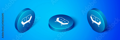 Isometric Sofa icon isolated on blue background. Blue circle button. Vector