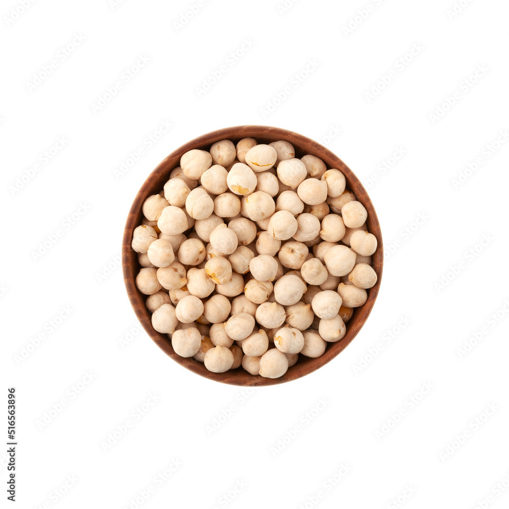 Roasted white chickpeas in wooden bowl on white background, top view. White chickpeas, with their high fiber content, are very healthy to consume Roasted white chickpeas in wooden bowl on white background, top view. White chickpeas, with their high fiber content, are very healthy to consume