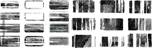 Glitch distorted geometric shape . Noise destroyed stamps . Trendy defect error shapes . Glitched frame .Grunge textured . Distressed effect .Vector stamps with a halftone dots screen print texture.