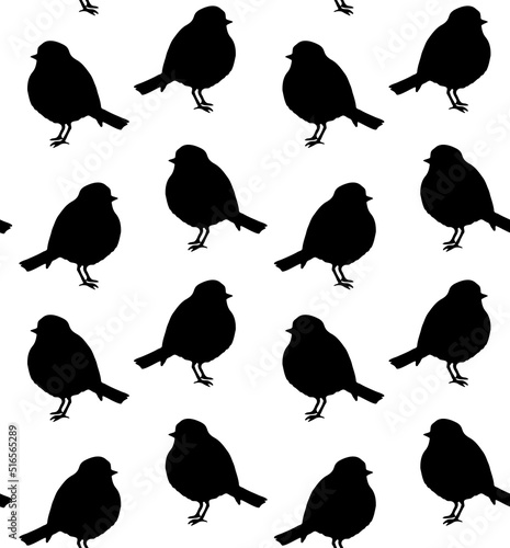 Vector seamless pattern of hand drawn robin redbreast bird silhouette isolated on white background