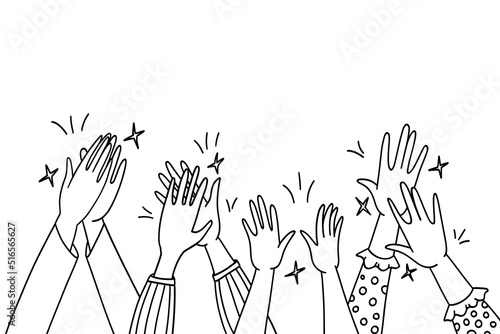 Hand drawn clapping human hands vector doodle set. Collection of men and women raising arms making applause isolated illustration. Greeting celebration or ovation concept