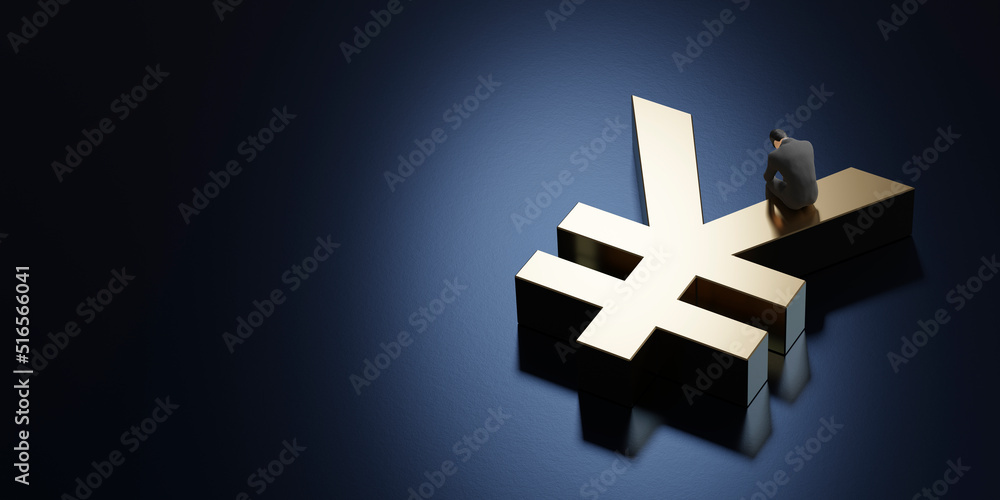 Obraz premium 円記号に座り込みうなだれるビジネスマン / 為替・円相場・円安進行・お金の悩みのコンセプトイメージ / 3Dレンダリング