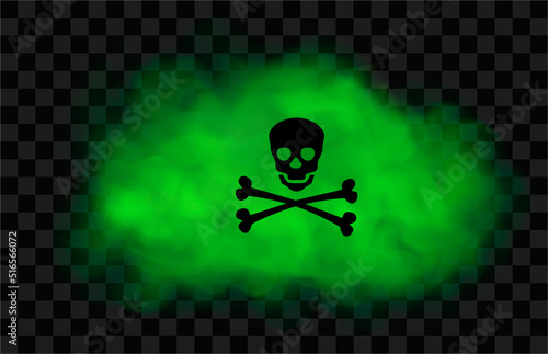 The skull and crossbones symbol on toxic green smoke, fog or gas cloud background. Poison! Realistic 3d vector illustration isolated on transparent background.