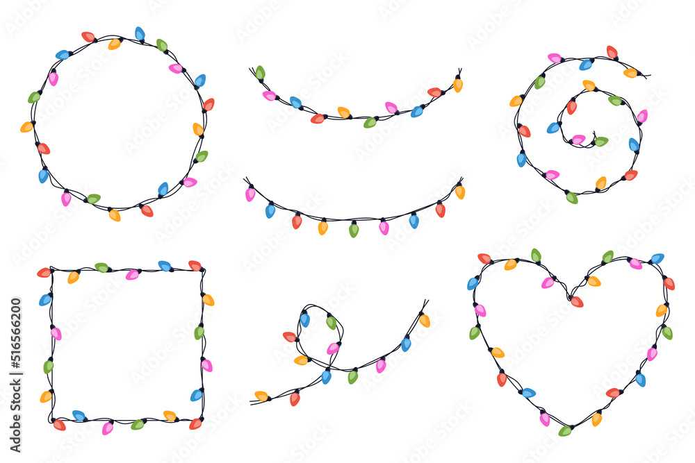 Set of festive multicolored garlands on cable in flat style. Frame of garland in the shape of a heart, circle, square and others. Decoration, holiday concept. Set of festive multicolored garlands on cable in flat style. Frame of garland in the shape of a heart, circle, square and others. Decoration, holiday concept.