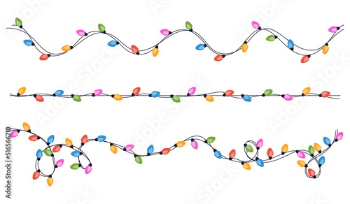 Set of festive multicolored garlands on cable in flat style. Decoration, holiday concept.