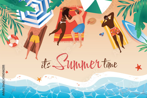 Summertime background in cartoon design in top view. Wallpaper with men and women sunbathing and lying on towels at summer beach with palm by sea. Vector illustration for poster or banner template