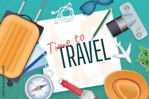 Time to travel background in cartoon design in top view. Wallpaper with composition of suitcase, flight tickets, compass, camera, hat and other. Vector illustration for poster or banner template