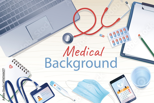 Medical background in cartoon design in top view. Wallpaper with composition of stethoscope, pills, protective mask, thermometer, badge and other. Vector illustration for poster or banner template