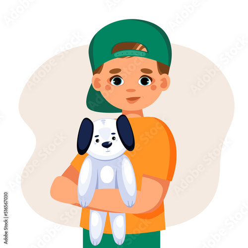 Baby boy holding toy dog in his hands. Charity society protecting, upbringing assistive aid orphans organization. Concept of charitable support of children. Vector illustration.