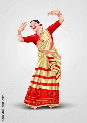 Bihu Indian Traditional dress of Assam with cultural bihu dance by Assamese girl. vector illustration