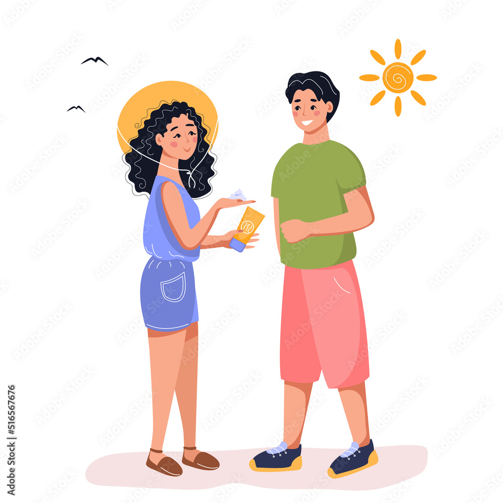 People protect skin from UV light with spf gel. Vector flat illustration in flat style. People protect skin from UV light with spf gel. Vector flat illustration in flat style.