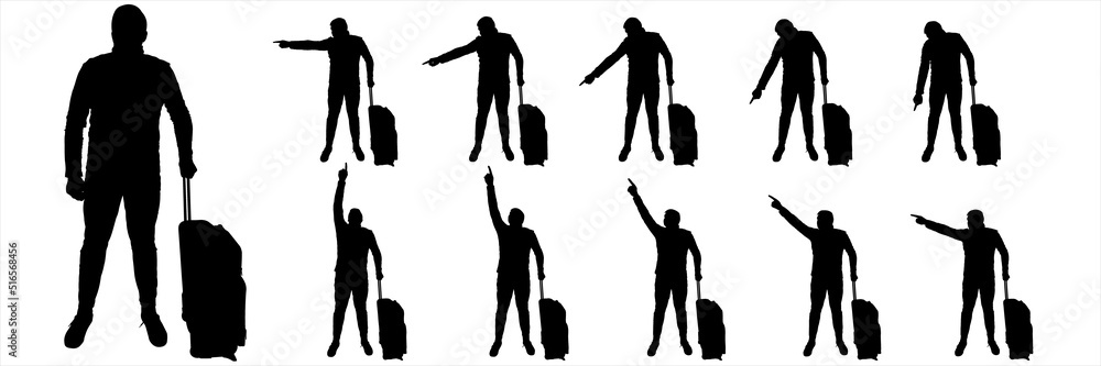 Obraz premium A tourist with a suitcase on wheels is standing. A tourist in a tracksuit, with the help of a hand and a finger, indicates the direction. Front view. Eleven black male silhouettes isolated on white