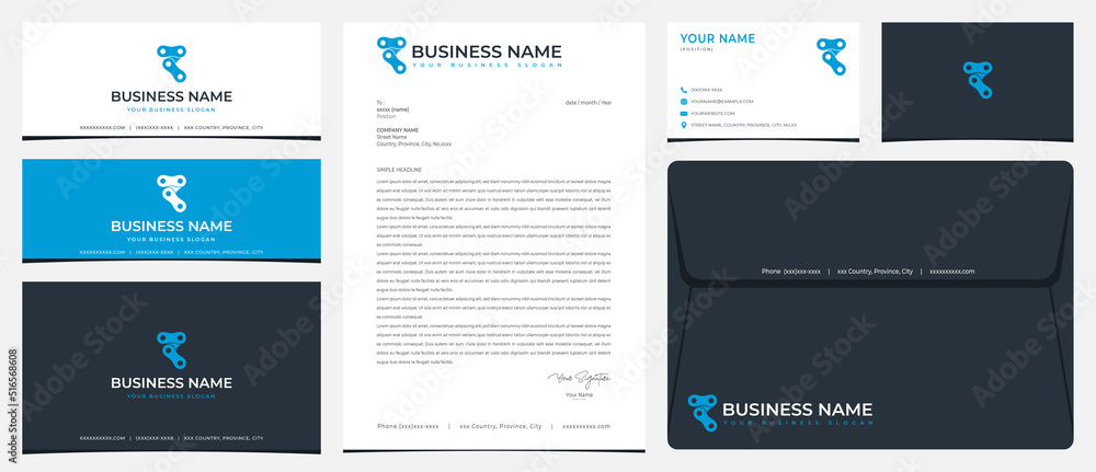 chain logo with letter R with stationery, business card and social media banner designs chain logo with letter R with stationery, business card and social media banner designs