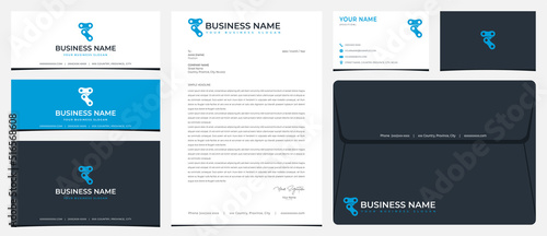 chain logo with letter R with stationery, business card and social media banner designs