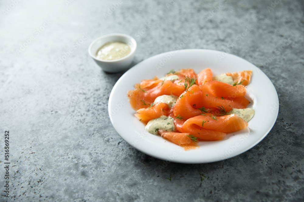 Traditional smoked salmon with dill sauce Traditional smoked salmon with dill sauce