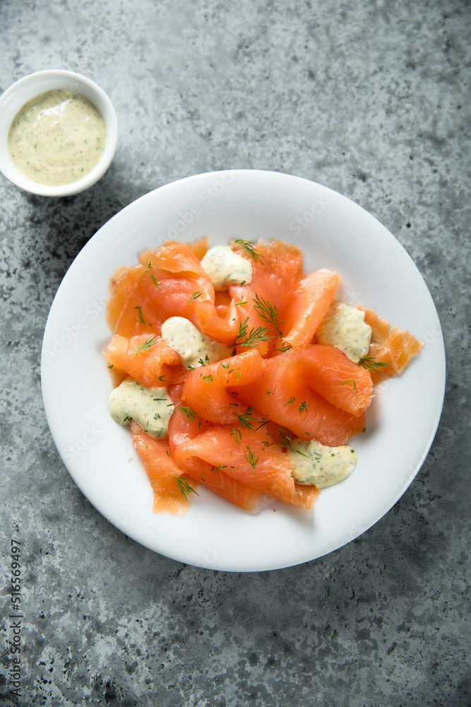 Traditional smoked salmon with dill sauce Traditional smoked salmon with dill sauce