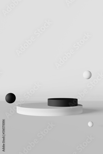 Black podium cosmetics product demonstration white background showcase matte bubble 3d render. Abstact minimal scene design composition floating sphere. Empty template modern beauty presentation place © KawaiiS