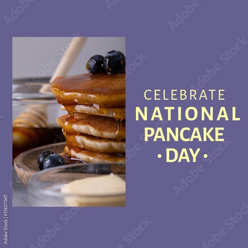 Square image of pancake day text and pancakes with berries over purple background