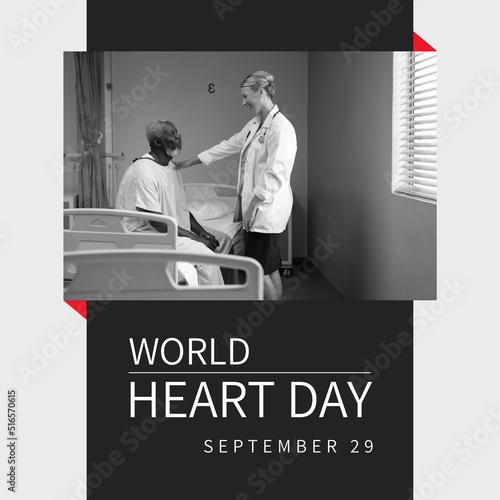 World heart day text and caucasian female doctor with african american male patient on red and grey
