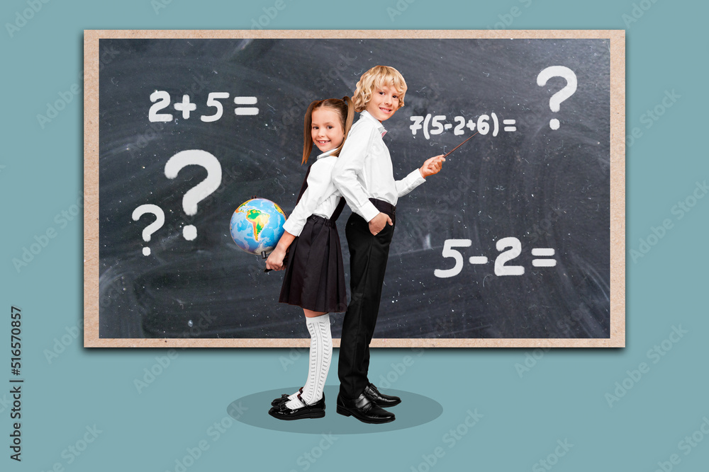 Composite collage picture of two positive happy kids stand near blackboard hold pointer globe solving algebraic equation Composite collage picture of two positive happy kids stand near blackboard hold pointer globe solving algebraic equation