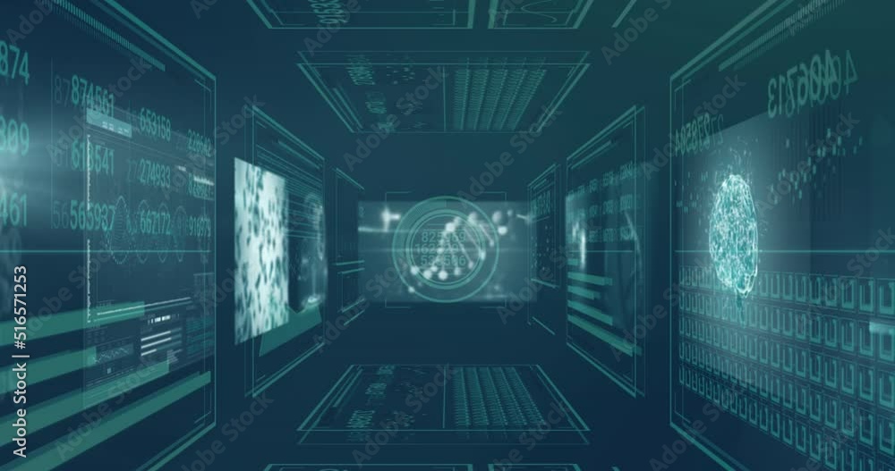 Animation of data processing on screens over dark background Animation of data processing on screens over dark background