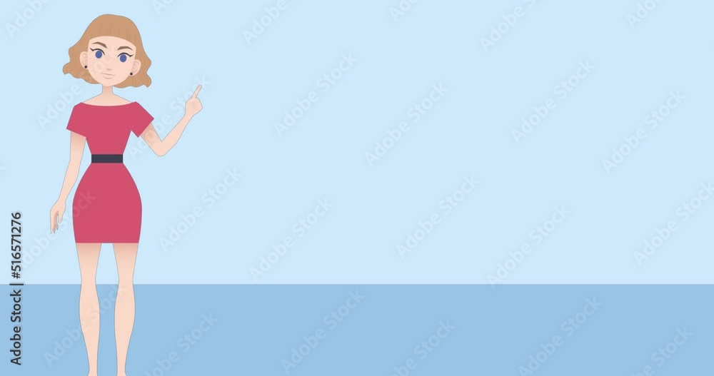 Animation of caucasian businesswoman making presentation on blue background Animation of caucasian businesswoman making presentation on blue background