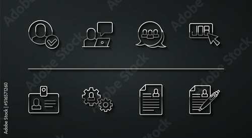 Set line Worker, Identification badge, Search job, Resume, Human with gear, Freelancer, and Project team base icon. Vector