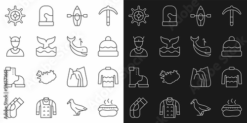 Set line Hotdog sandwich, Sweater, Beanie hat, Kayak paddle, Whale tail, Viking head, Ship steering wheel and icon. Vector